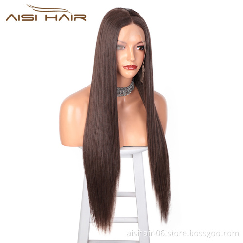 Aisi Hair Silky Straight Brown Synthetic Long Wig Wholesale Swiss Lace Wig Synthetic Hair Front Lace Wigs For Black Women